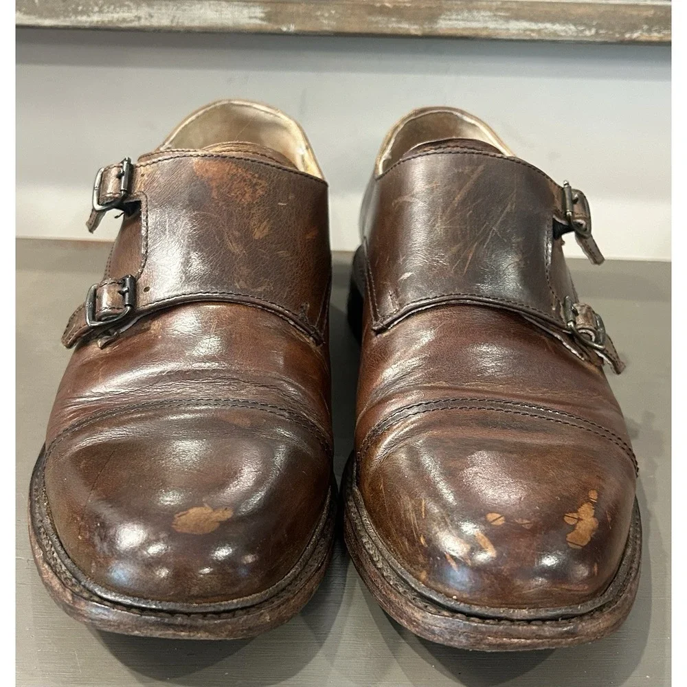 Frye Double Monk Strap Dress Shoes Mens Size 9D‎ Brown Leather Cap Toe Oxford